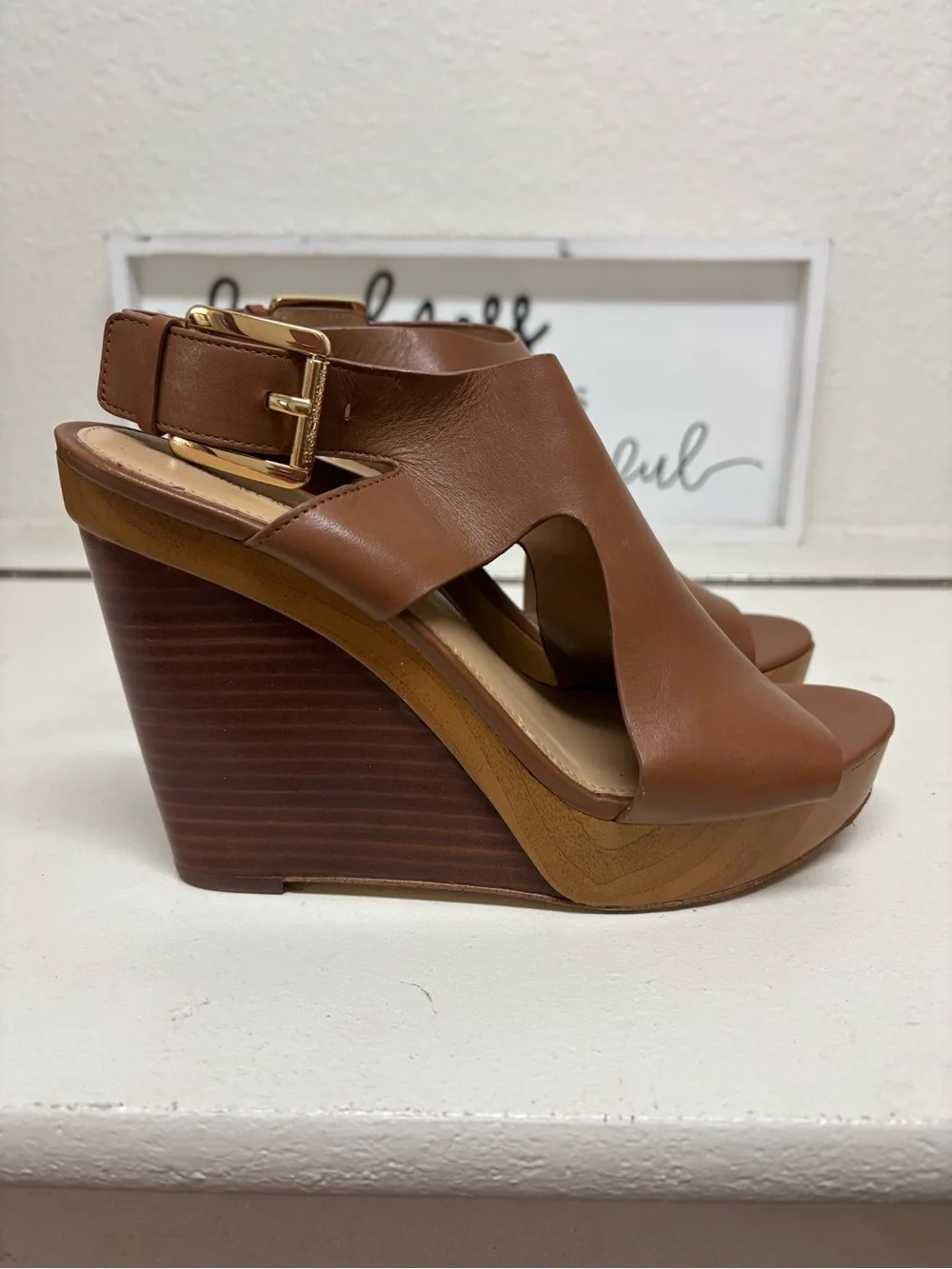 Michael Kors Tan Brown Leather Wedge Sandals